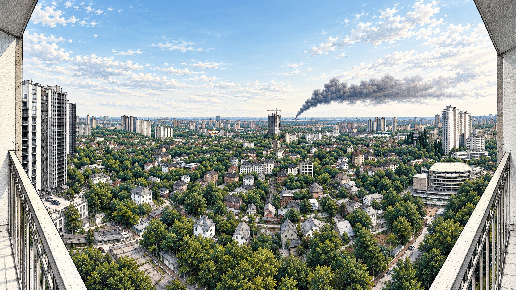 Panoramic view of Kyiv from a balcony
